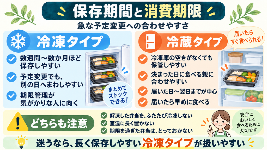 冷凍タイプと冷蔵タイプの保存しやすさ、食べる期限、注意点を比較した図解