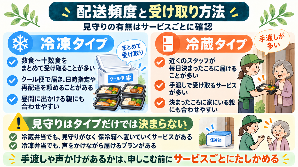 冷凍弁当と冷蔵弁当の配送頻度・受け取り方法・見守りの違いを比較した図解