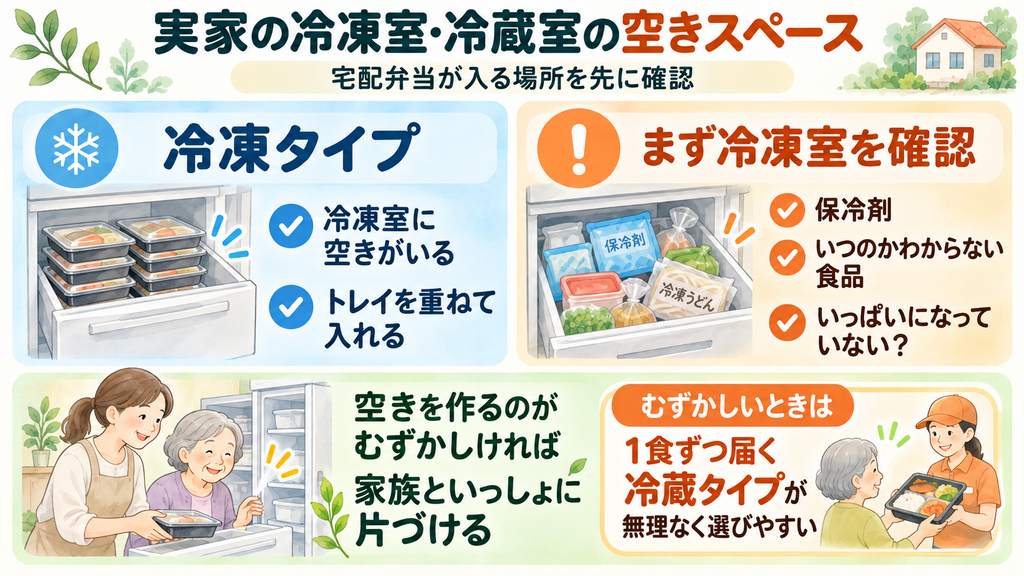 実家の冷凍室・冷蔵室の空きスペースを確認して、冷凍タイプと冷蔵タイプの選び方を考える図解