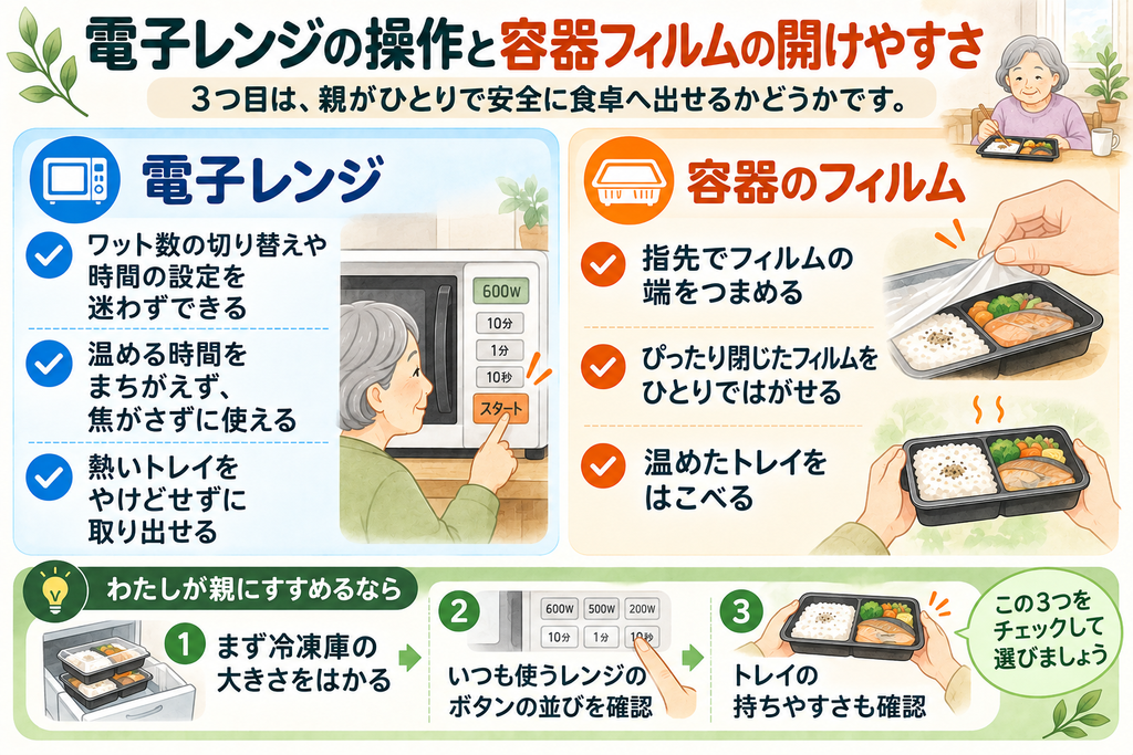 高齢の親がひとりで安全に電子レンジを使い、容器フィルムを開けられるかを確認する図解