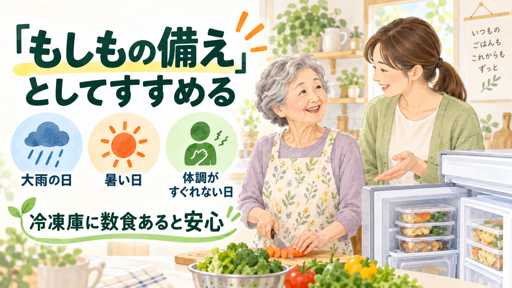 高齢の親に宅配弁当を「もしもの備え」としてすすめる考え方をやさしく伝える図解