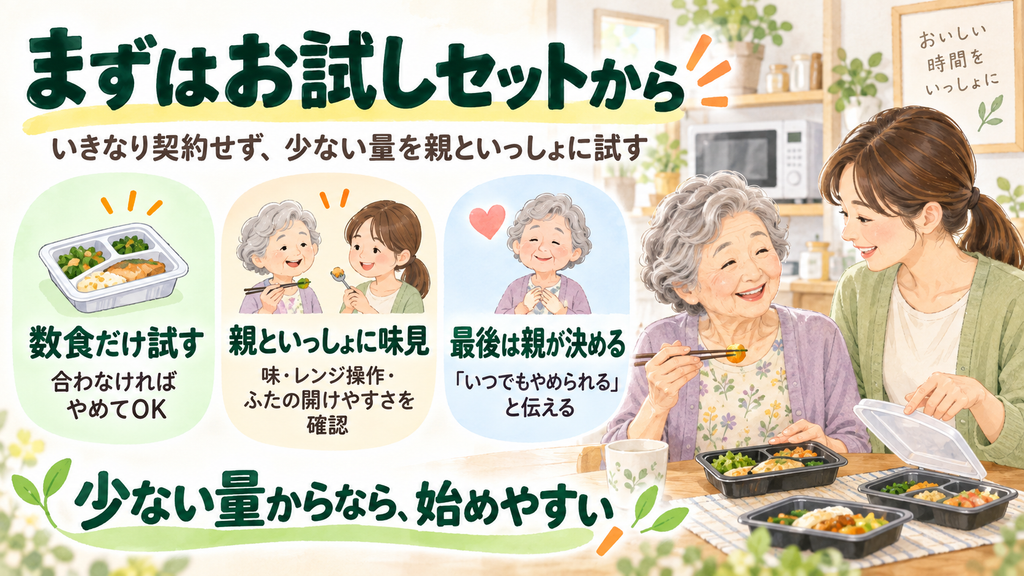 高齢の親といっしょに宅配弁当のお試しセットを試し、味や使いやすさを確認する図解