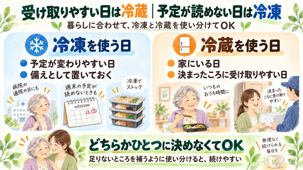 冷凍弁当と冷蔵弁当を、親の予定に合わせて使い分ける考え方をまとめた図解