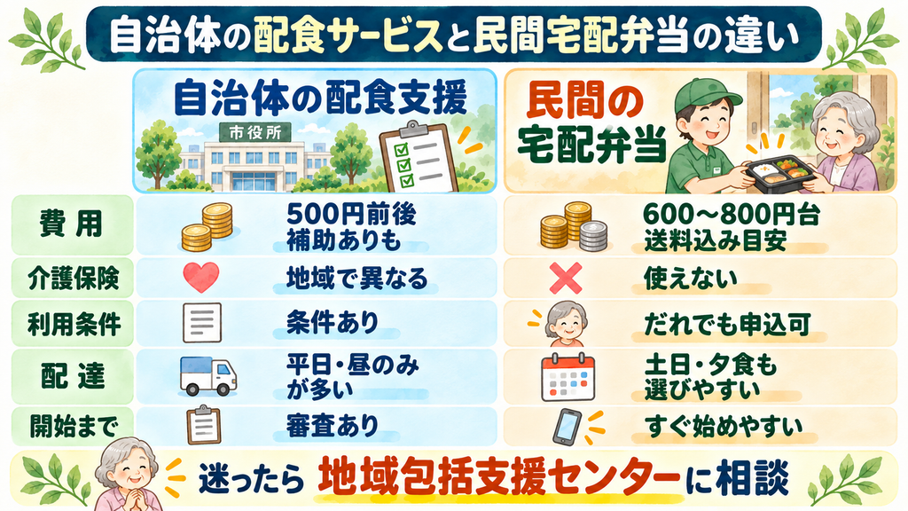 自治体の配食サービスと民間宅配弁当の費用や利用条件の違いを比較した図解