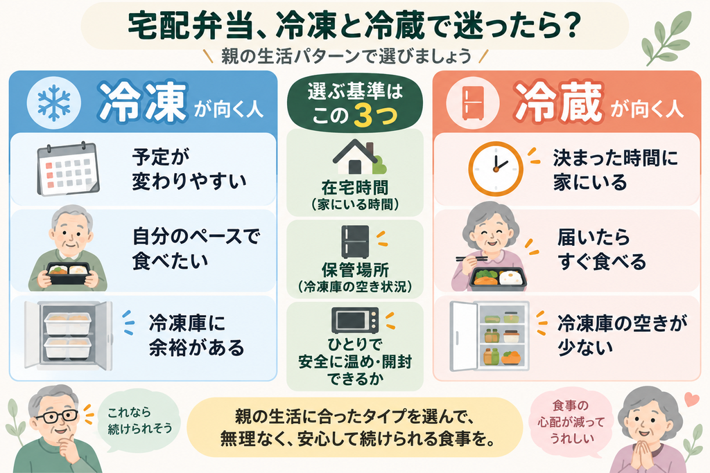 高齢の親向け宅配弁当の冷凍・冷蔵の選び方を比較した図解