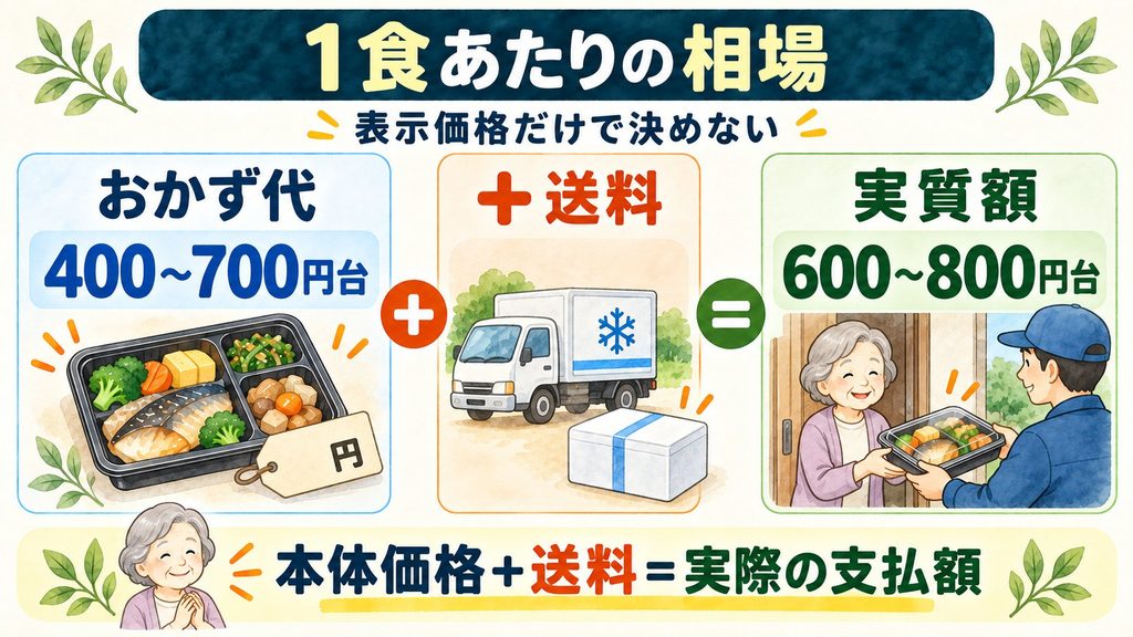 高齢者向け宅配弁当のおかず代400〜700円台に送料を加えると、実質1食600〜800円台になることを示した図解
