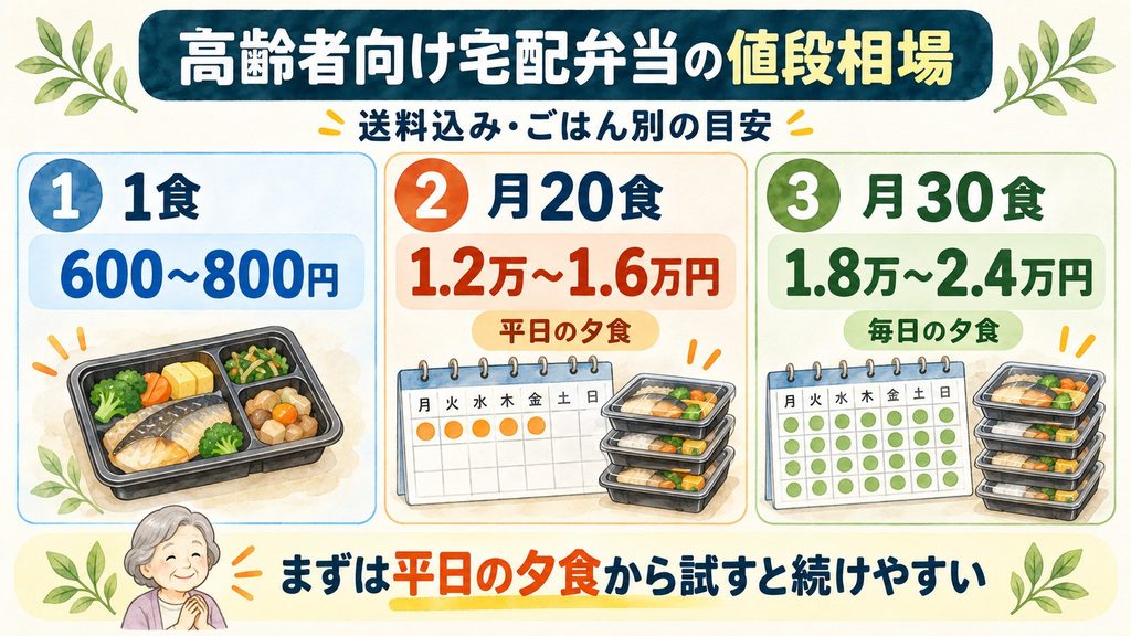 高齢者向け宅配弁当の値段相場として、1食600〜800円、月20食1.2万〜1.6万円、月30食1.8万〜2.4万円を示した図解