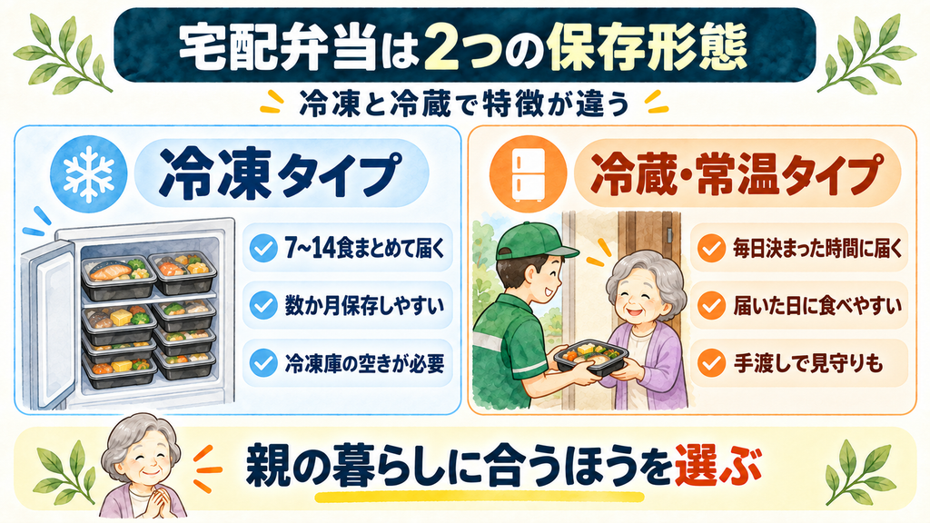 高齢者向け宅配弁当の冷凍タイプと冷蔵・常温タイプについて、保存期間や届き方、冷凍庫の空きと見守りの違いを比較した図解