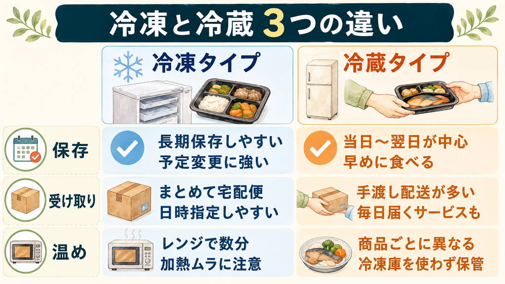 冷凍と冷蔵の宅配弁当を、保存・受け取り・温めの3項目で比較した図