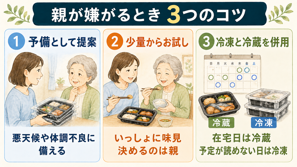 親が宅配弁当を嫌がるときの、予備としての提案・少量のお試し・冷凍と冷蔵の併用を示す図