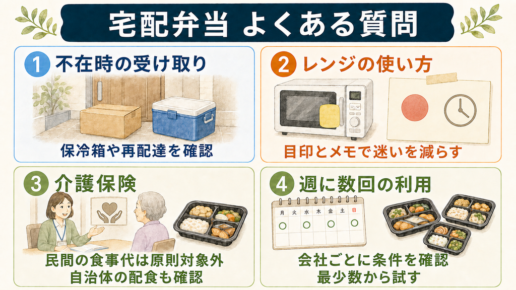 宅配弁当の不在時の受け取り、レンジの使い方、介護保険、利用回数に関するよくある質問をまとめた図