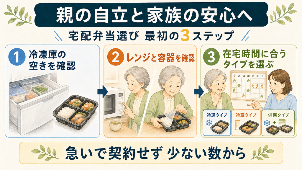 親に合う宅配弁当を選ぶために、冷凍庫、レンジと容器、在宅時間を確認する3ステップの図