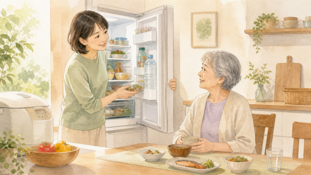 一人暮らしの親の食事状況を確認する家族のイラスト