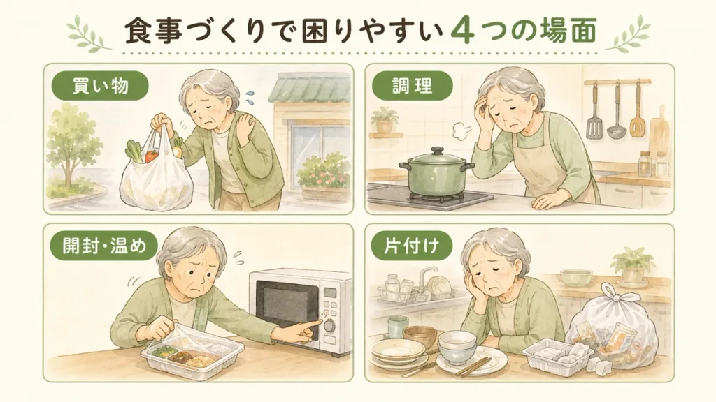 高齢の親が食事づくりで困りやすい買い物・調理・開封と温め・片付けの4つの場面