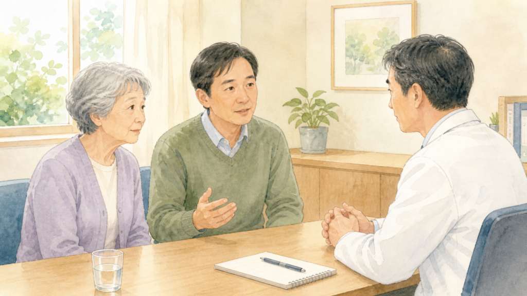 高齢の親の体重減少やむせを医師へ相談する家族のイラスト