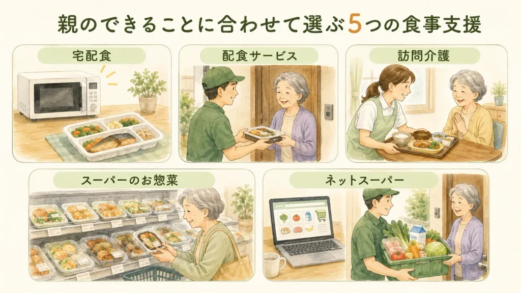 高齢の親のできることに合わせて選ぶ宅配食・配食サービス・訪問介護・スーパーのお惣菜・ネットスーパー