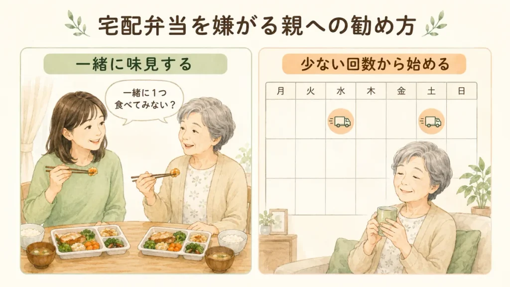 宅配弁当を嫌がる高齢の親と家族が一緒に味見し、少ない回数から利用を始める様子