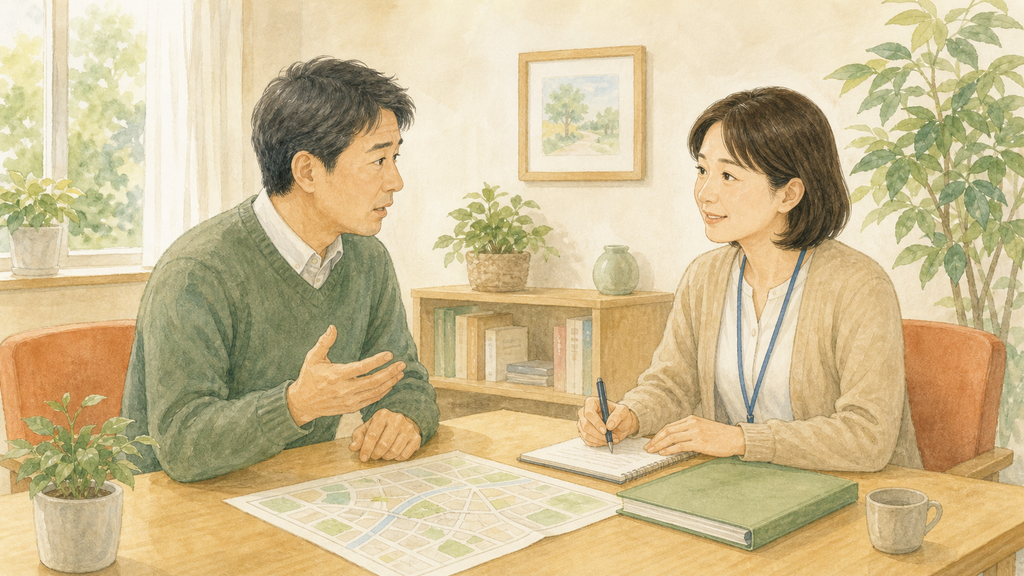 地域包括支援センターへ親の生活について相談する家族のイラスト