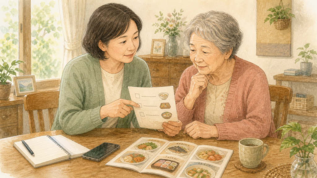 一人暮らしの親の食事について親子で話し合うイラスト