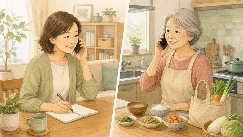 離れて暮らす親に自炊の頻度と普段の食事を電話で聞く家族のイラスト