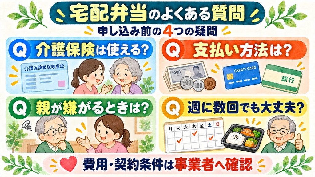 高齢者向け宅配弁当について、介護保険、支払い方法、親が嫌がる場合、週数回の利用に関する質問を示した図解
