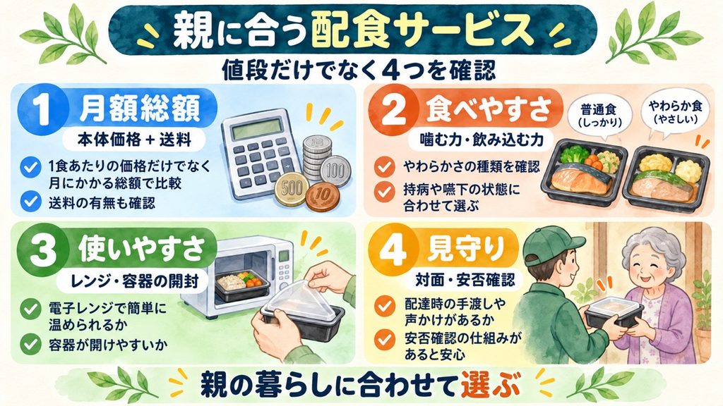 親に合う配食サービスを選ぶ4つの基準として、月額総額・食べやすさ・使いやすさ・見守りを示した図解
