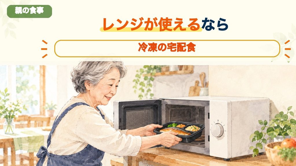 電子レンジで冷凍の宅配食を温める高齢の親