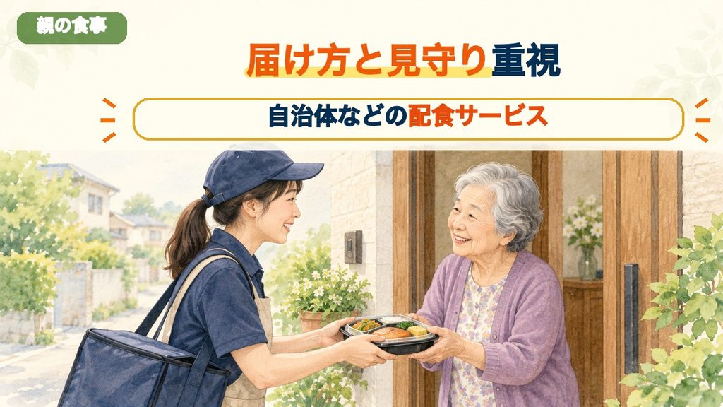 配食サービスから弁当を手渡しで受け取る高齢の親