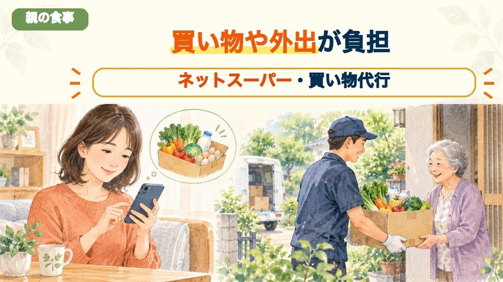 ネットスーパーで注文した食材を受け取る高齢の親