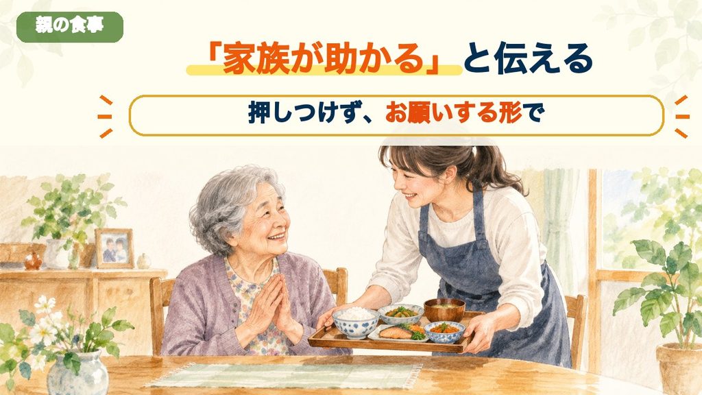 高齢の親に食事を届けながら優しく声をかける家族