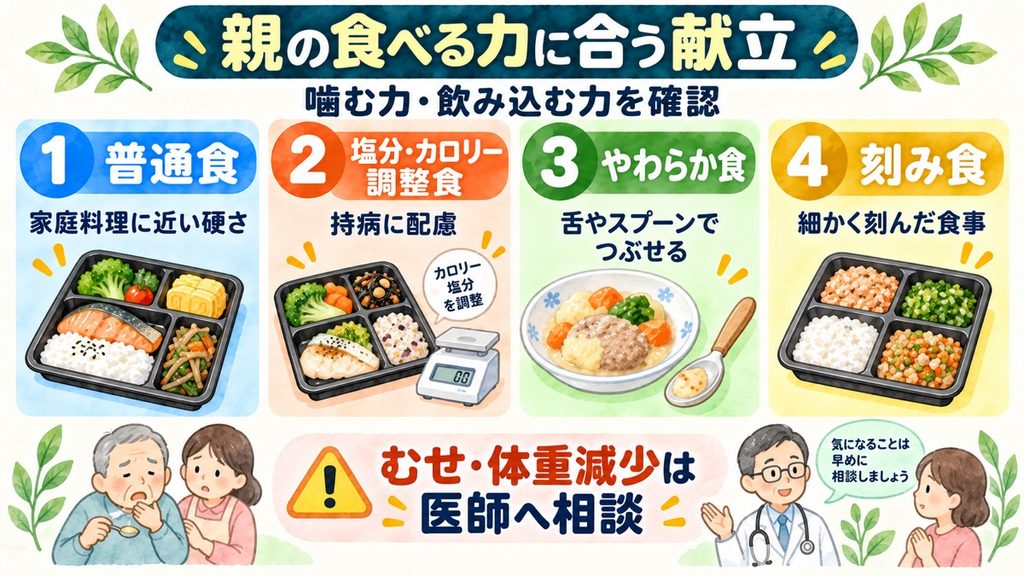 親の噛む力と飲み込む力に合わせ、普通食・塩分調整食・やわらか食・刻み食を比較した図解