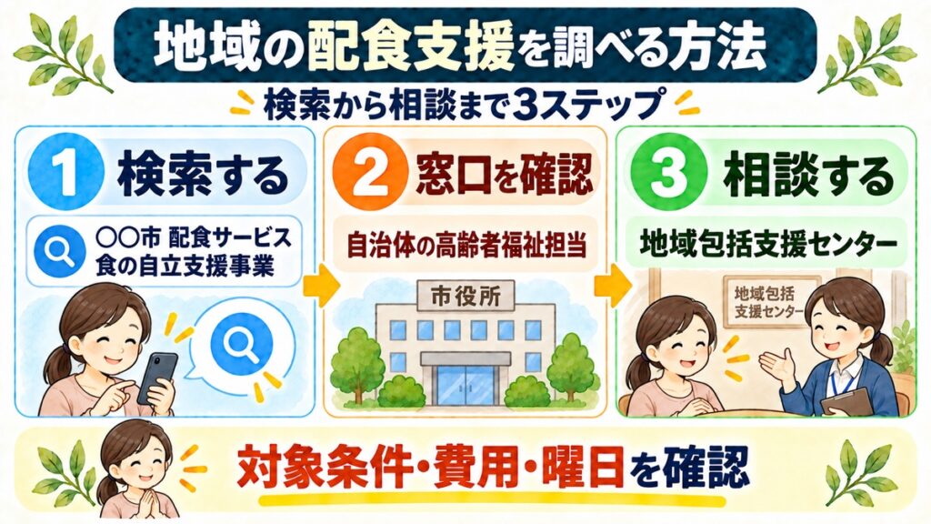 娘が地域の配食支援を検索し、自治体窓口を確認して地域包括支援センターへ相談する流れを示した図解