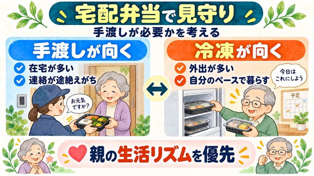 宅配弁当の手渡しによる見守りが向く親と、外出が多く冷凍弁当が向く親の違いを示した図解