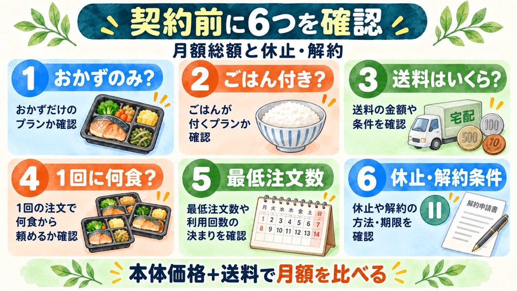 宅配弁当の契約前に、おかずとごはん、送料、配送食数、最低注文数、休止・解約条件を確認する図解