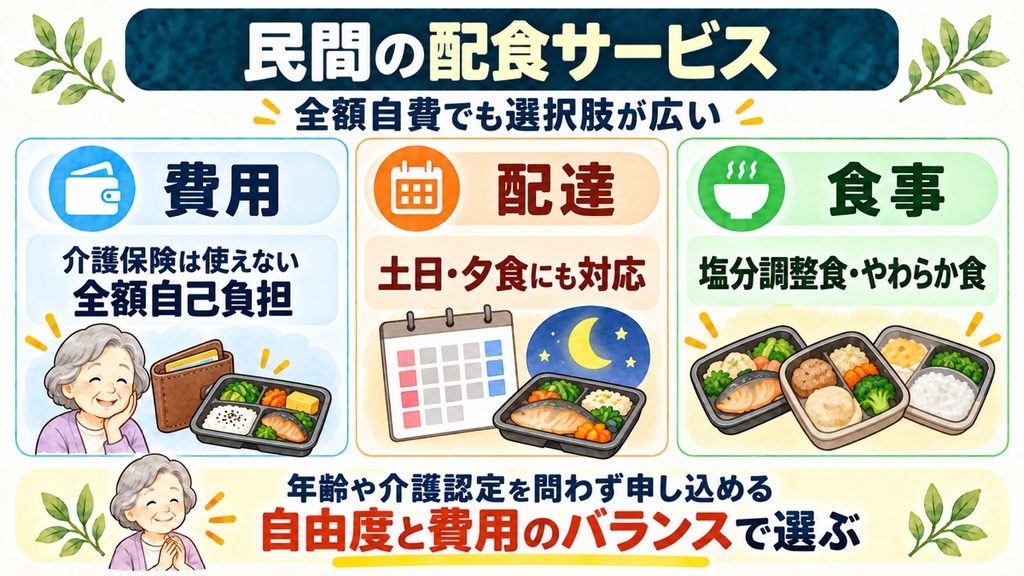 民間の配食サービスは全額自己負担だが、土日や夕食の配達、塩分調整食ややわらか食を選べることを示した図解