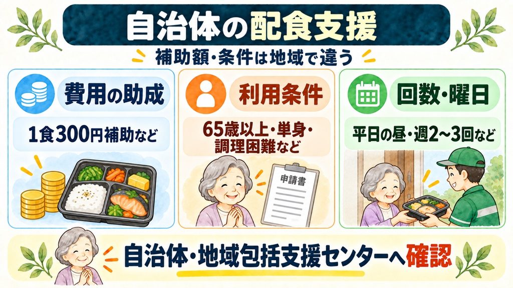 自治体の配食支援について、費用助成・利用条件・配達回数や曜日が地域で異なることを示した図解