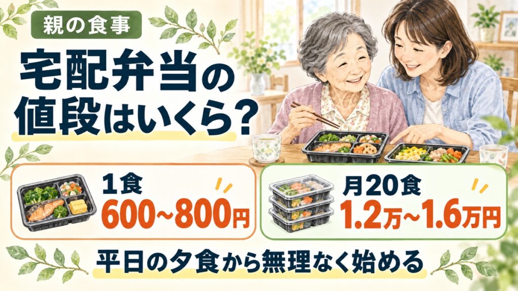 高齢者向け宅配弁当の値段として、1食600〜800円、月20食1.2万〜1.6万円を示し、母親と娘が弁当を囲むアイキャッチ画像