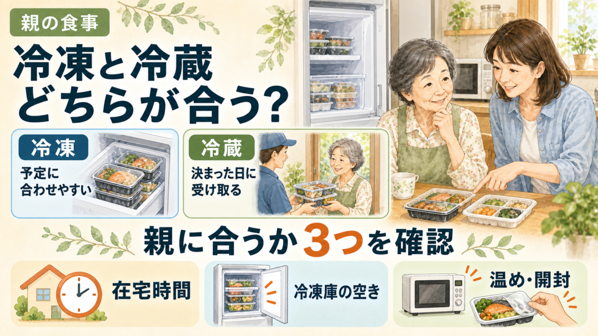 高齢者向け宅配弁当の冷凍と冷蔵を在宅時間・冷凍庫・温めや開封で選ぶイラスト