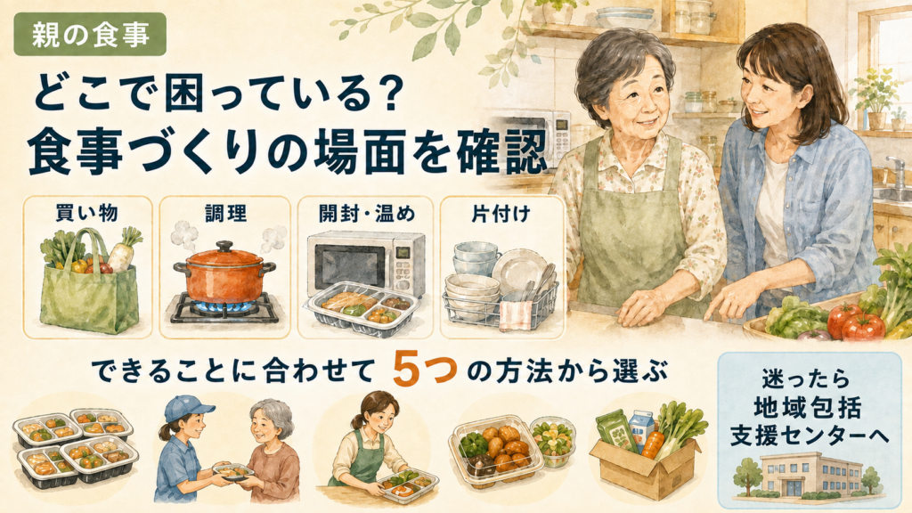 高齢の親が食事で困る場面と5つの支援方法を示すイラスト