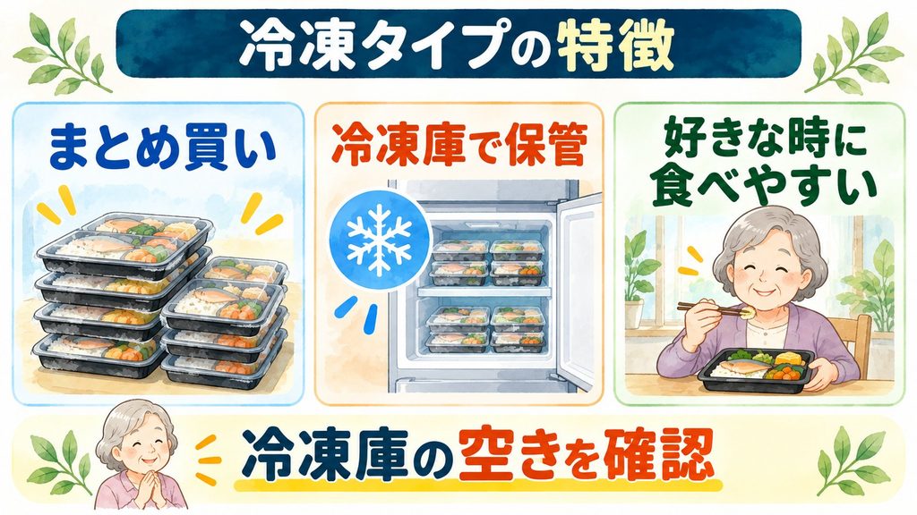 高齢者向け宅配弁当の冷凍タイプの特徴を示した図解