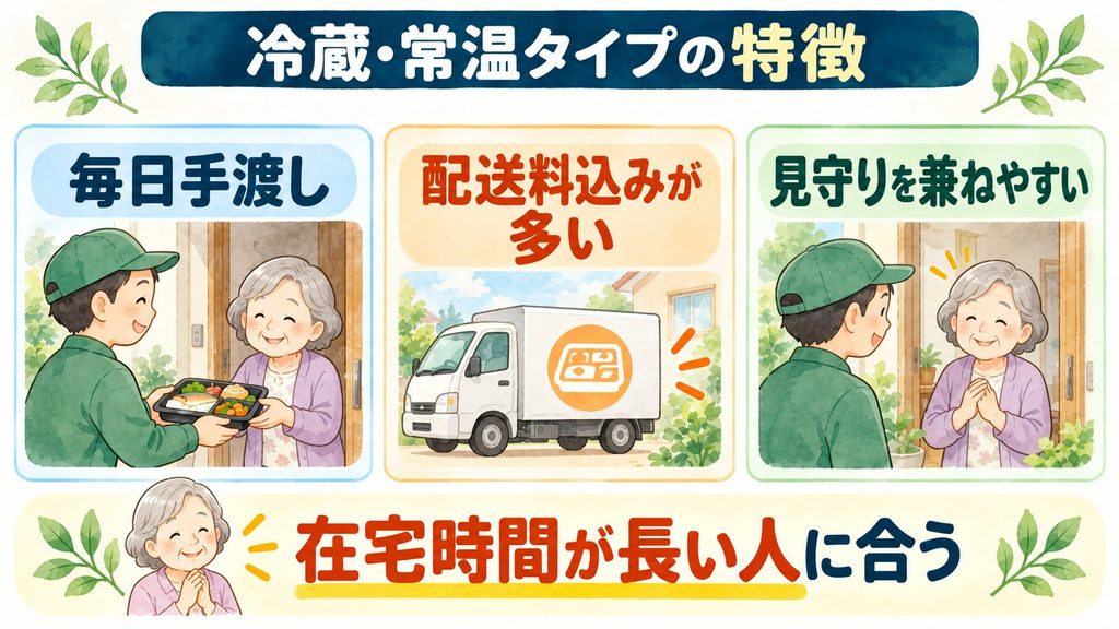 高齢者向け宅配弁当の冷蔵・常温タイプの特徴を示した図解