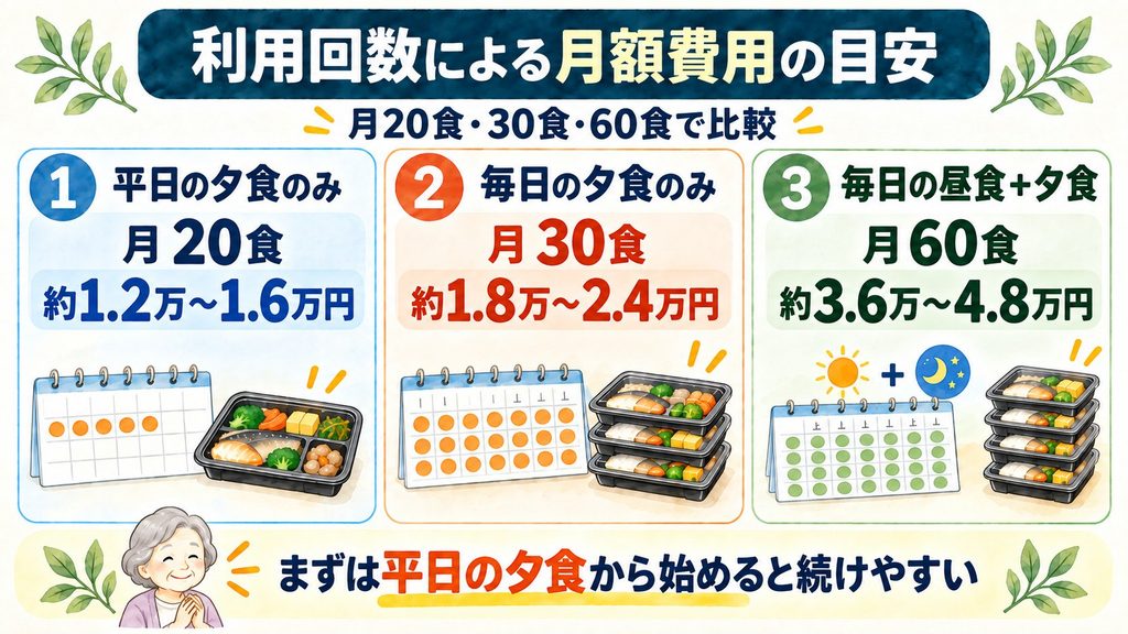 高齢者向け宅配弁当の利用回数別の月額目安として、月20食・30食・60食の費用と利用例を比較した図解