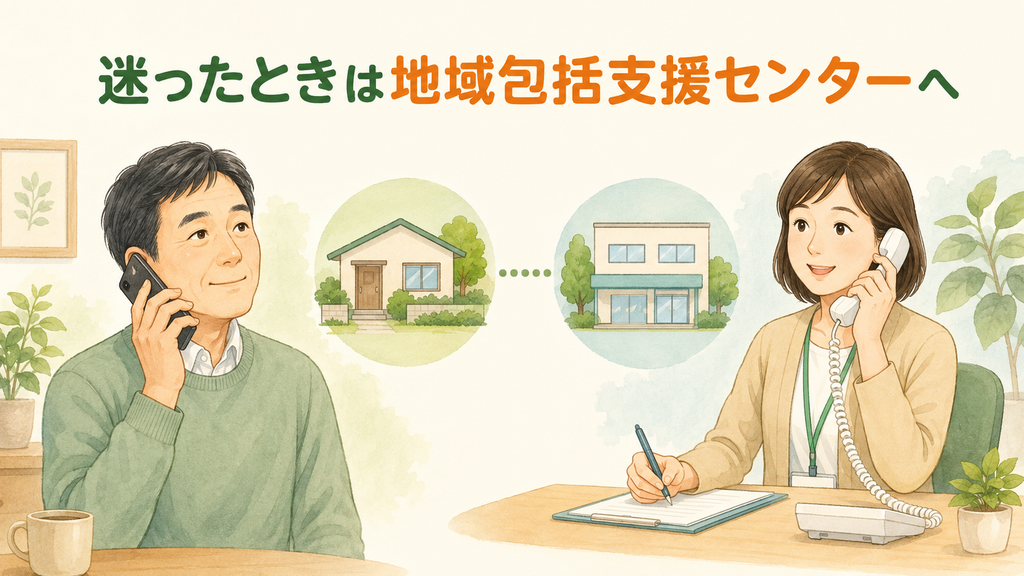 親の住む地域の地域包括支援センターへ電話で相談する家族